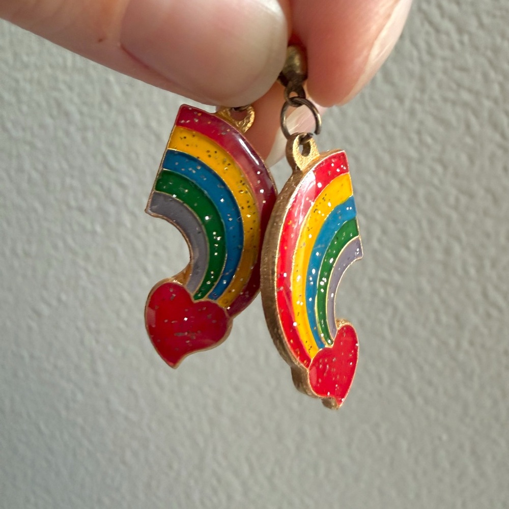 Rainbow Heart Dangle Earrings - Colorful Enamel